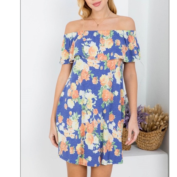 So cute! Tropical blue FLORAL PRINT OFF SHOULDER RUFFLE w/POCKET mini DRESS, NWT - Picture 5 of 15